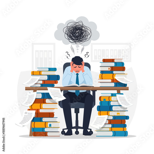 Man Overwhelmed by Books at Desk.