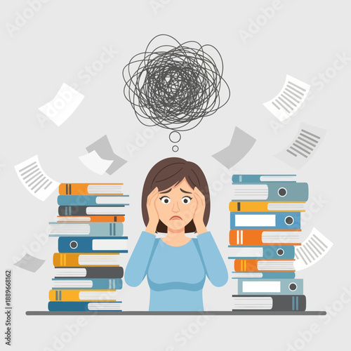 Woman Overwhelmed by Paperwork and Thoughts.