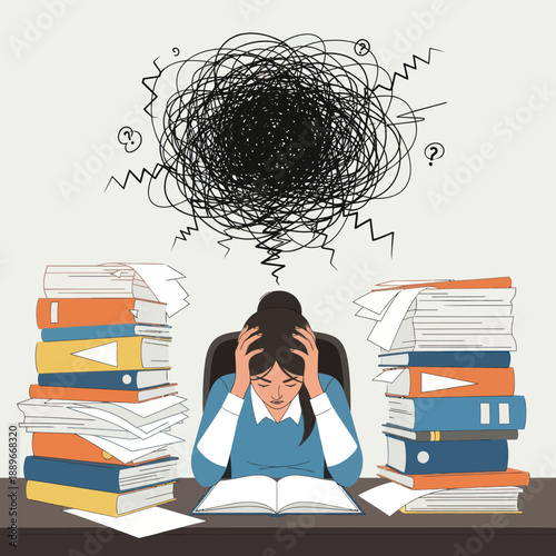 Overwhelmed Student with Confusion and Books.