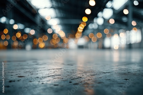 Wallpaper Mural Out of focus ceiling lights illuminate a vast, empty concrete industrial floor Torontodigital.ca