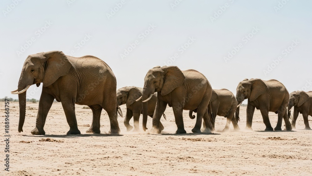 Fototapeta premium Elephants traverse a dry, dusty landscape under a bright, cloudless sky