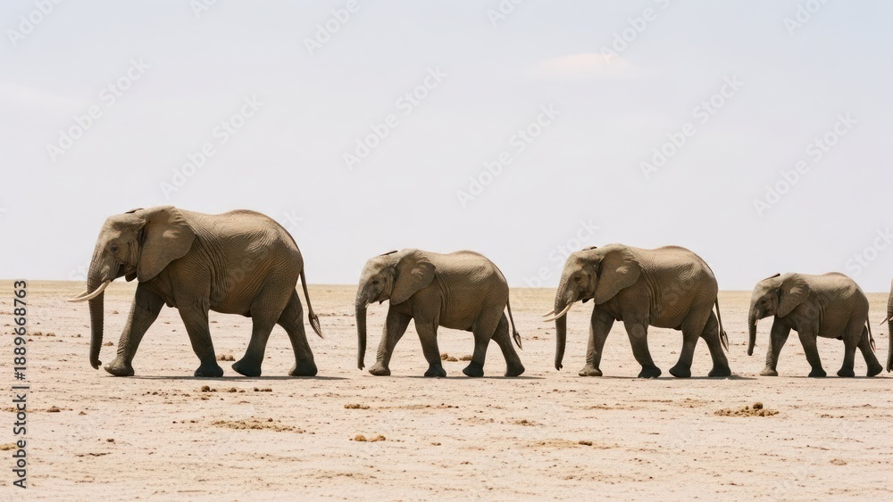 Fototapeta premium Elephant family walking in a line across a dry, barren landscape under bright sky