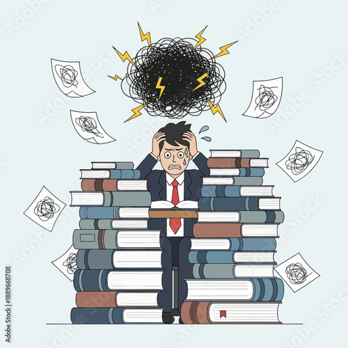 Man Overwhelmed by Stacks of Documents and Papers.