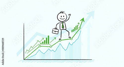 Stick Figure Businessman Climbing Upward Trend Graph.