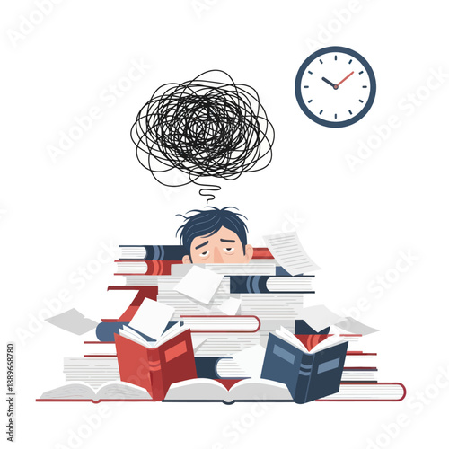 Overwhelmed Student Buried Under Stack of Books.