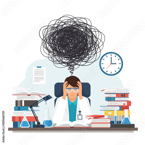 Overwhelmed Scientist with Complex Thoughts and Research.
