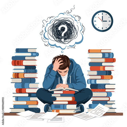 Overwhelmed Student Surrounded by Books and Questions.