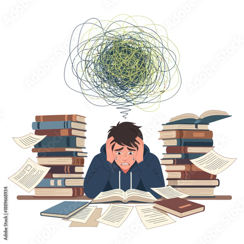 Overwhelmed Student Surrounded by Books and Thoughts.