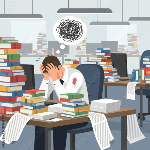 Overwhelmed Man Surrounded by Stacks of Books.