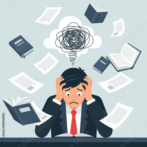 Overwhelmed Man with Papers and Thought Bubble.