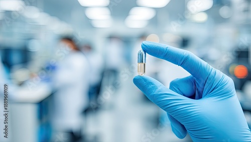 Wallpaper Mural Scientist in lab holds single capsule in gloved hand, blurry background Torontodigital.ca