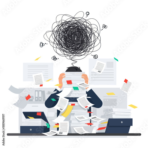 Overwhelmed Office Worker with Cluttered Thought Bubble.