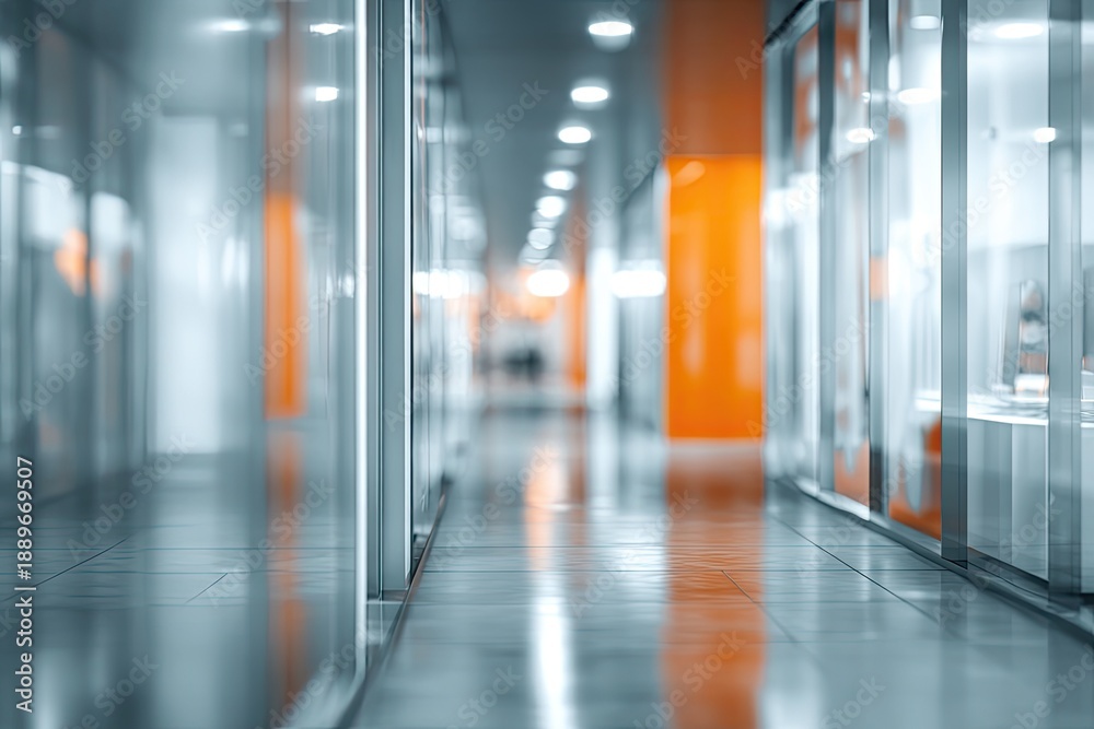 Fototapeta premium Bright, modern interior corridor with reflections and orange accents