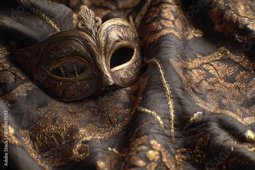 Wallpaper Mural Ornate golden masquerade mask rests on rich, textured fabric with intricate patterns Torontodigital.ca