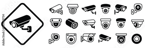 Various security camera icons and symbols for surveillance systems with clean minimalist design, featuring CCTV, video monitoring, safety, and protection graphics for apps, websites, and vector 