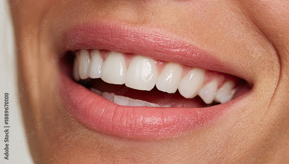Obraz premium Close-up of a woman's bright, healthy smile with pink lips and white teeth