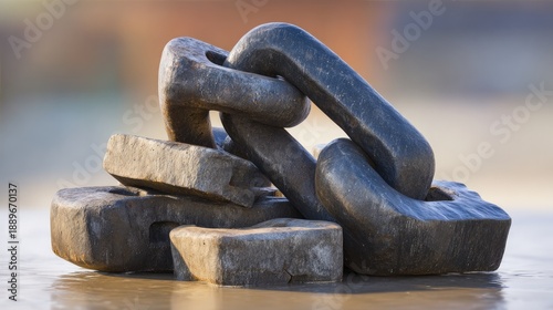 oganesson. Broken chain sculpture in a public square during morning light, symbolizing freedom. event programs, museum guides, designed for cultural heritage projects and event programs.