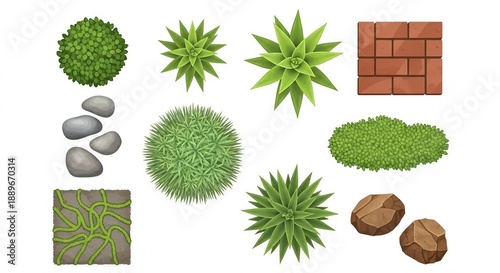 Top View Garden Landscape Elements with Succulents Stones and Brick Tiles isolated on white background