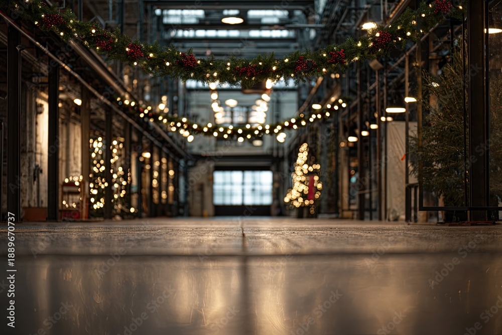 Fototapeta premium Industrial hall decorated for holiday season with festive lights and garland
