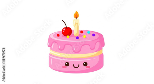 Cute cartoon birthday cake with cherry and candle.