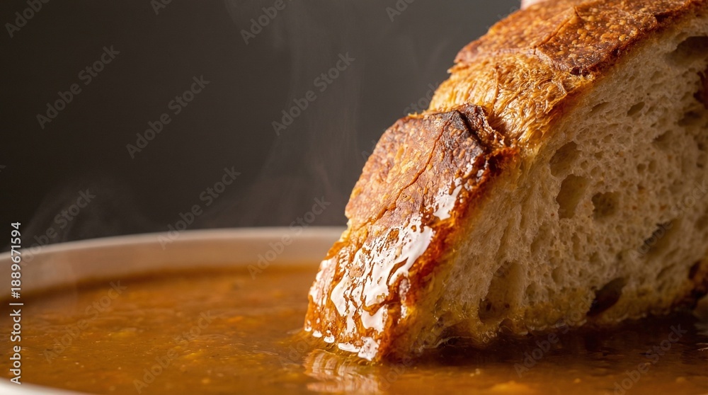Fototapeta premium Crusty bread immersed in steaming bowl of soup on dark background 