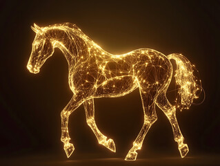 Glowing golden wireframe digital horse structure moving against a dark surface