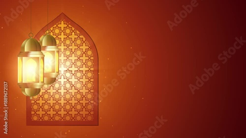Loopable Ramadan motion background of glowing hanging lanterns and an Islamic geometric window. Ideal for Ramadan Kareem greetings, social media intros, promotional videos, and religious presentations