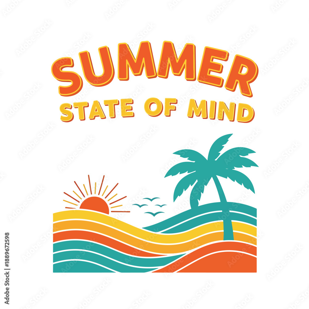 Obraz premium Relaxing Summer State of Mind Graphic with Stylized Sunset, Waves, and Palm Tree
