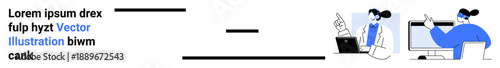 Remote work, teamwork, digital collaboration, online meetings, workplace communication, and technology. Two people working on computers and discussing. Remote work and teamwork concept