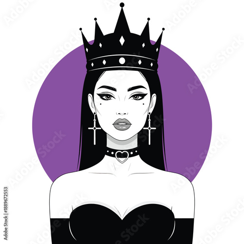 Graphic illustration of a mysterious regal woman adorned with a crown and choker portrait
