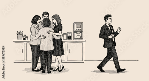 An illustration portrays a solitary businessman walking away from a warm, embracing group of female colleagues, subtly depicting social exclusion and isolation.