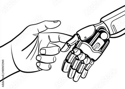 Human hand touching robotic hand representing collaboration between people and advanced technology vector illustration