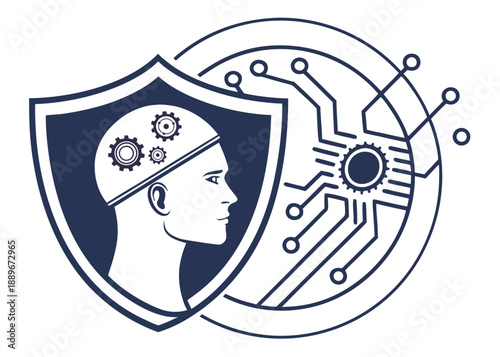 Human profile protected by digital shield with cyber security and advanced technology concept vector illustration