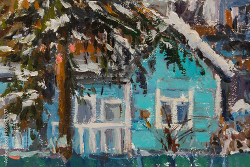 Wallpaper Mural Snow-covered rural house oil painting. A vivid hand-drawn illustration. A beautiful fabulous blue house covered with snow on the roof, gate, trees. The concept of rural life, comfort and privacy Torontodigital.ca