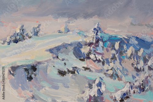 Wallpaper Mural Oil painting of a winter fir tree. Beautiful snow-covered view of the trees and mountains. The concept of heavy snowfall, winter magic and fairy tales. A hand-drawn illustration. Contemporary art Torontodigital.ca