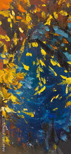 Wallpaper Mural Autumn lake oil painting. The shore of the lake is strewn with fallen yellow leaves. Hand-drawn illustration. The concept of romance privacy. Atmospheric rural landscape. Modern Impressionist painting Torontodigital.ca