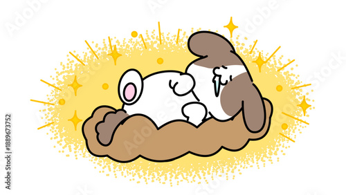 キラキラ背景で眠るかわいい犬のイラスト｜リラックス・癒しのイメージ