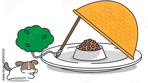 ご飯を仕掛けられて警戒する犬のイラスト｜ペットのしつけ・注意のイメージ