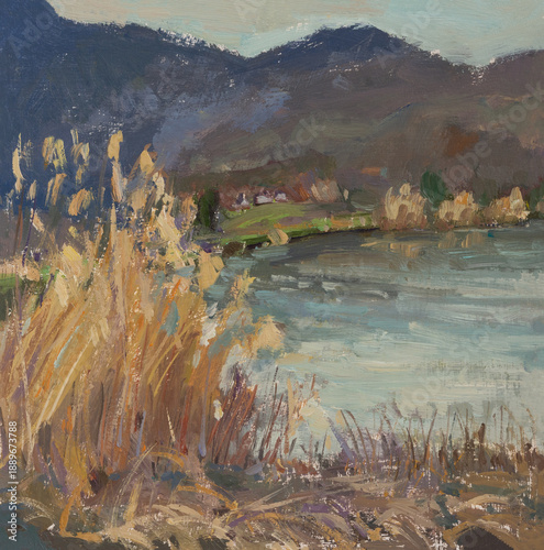 Wallpaper Mural Lake autumn dry sedge oil painting. A hand-painted plein-air painting. The modern art of painting. A subdued calm peaceful landscape. The concept of rural life. Artistic background for graphic design Torontodigital.ca