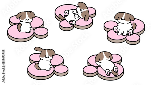肉球クッションの上でくつろぐかわいい犬のポーズイラストセット