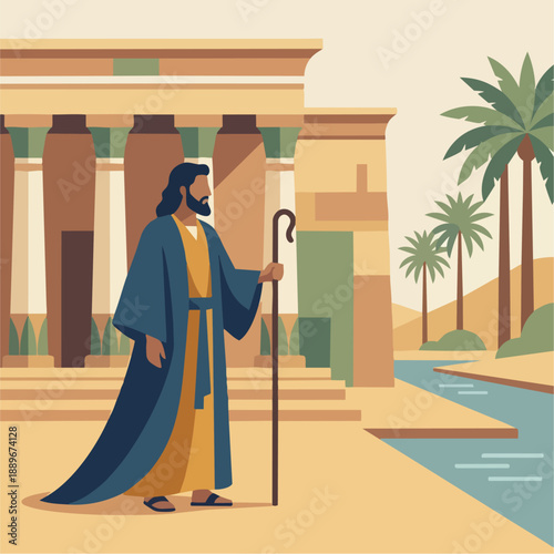Joseph the Leader

Illustration prompt:
Flat vector illustration of Joseph standing in Egypt, wearing a simple robe that suggests leadership. The palace is shown with clean geometric columns and Bible