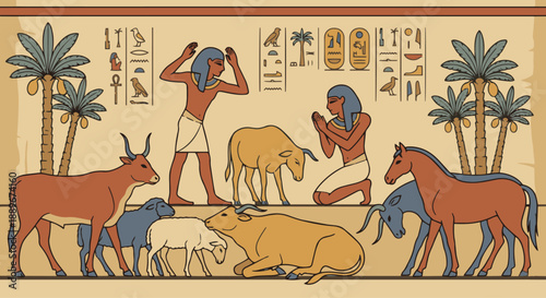Plague on the Livestock
Flat vector illustration, ancient Egyptian style — Cattle, sheep, and horses are shown lying or standing weakly in profile. Bible story