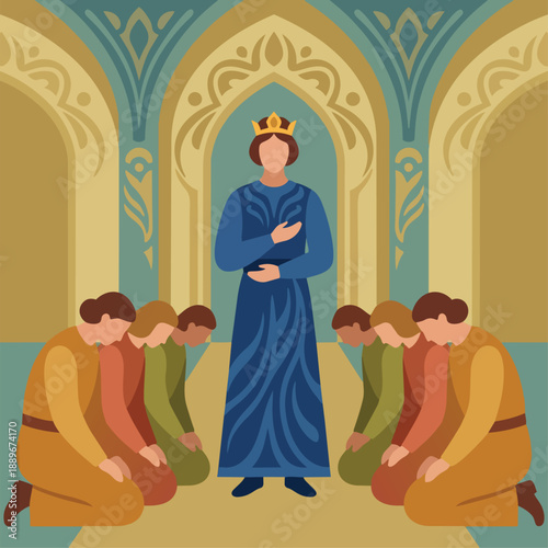 Joseph’s brothers bow respectfully in front of him. Figures are simplified into rounded forms, arranged symmetrically. Joseph stands upright but gentle, placed at the center.