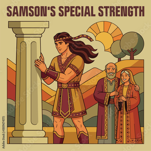 Samson’s Special Strength

Illustration prompt:
Flat vector illustration of young Samson standing confidently, with long hair clearly visible as a key detail. His parents stand nearby, smiling. bible