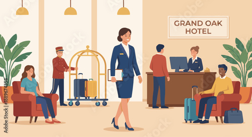 Hotel Manager Walking Through Lobby
A flat vector illustration of a hotel manager walking through the lobby, observing operations. Guests and staff in background.
