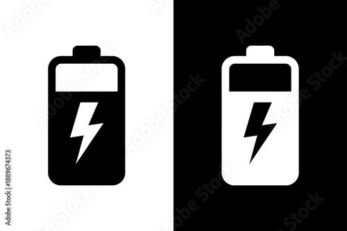 Battery Power Icon Collection. Clean Black and White Battery Charge Level Silhouette