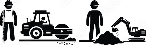 Construction workers operate heavy machinery for roadwork and excavation