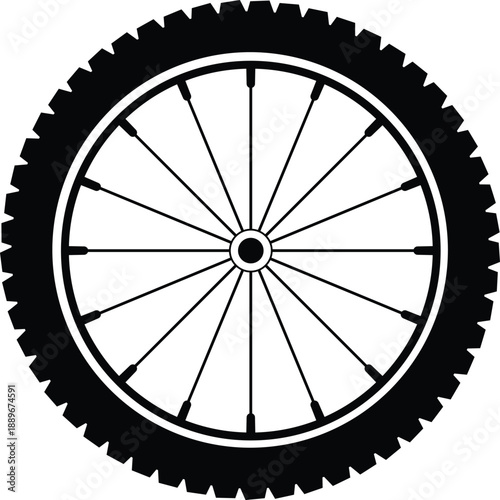 Black bicycle wheel with spokes and tire