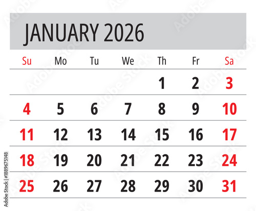 2026 January calendar. English monthly vector page Sunday start