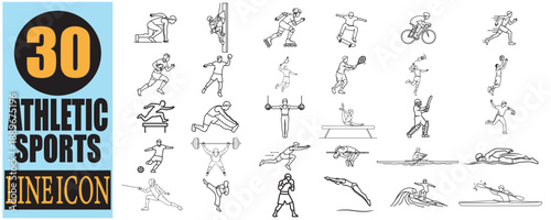  athletic sports line icon collection on light blue